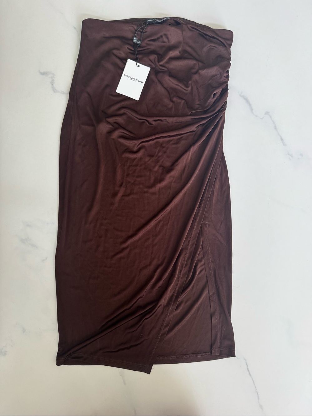 Generation Love Chocolate Brown Midi Skirt with Side Ruching